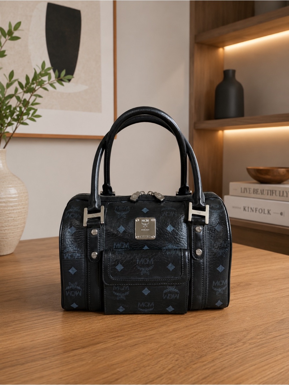 MCM Black Visetos Logo Boston Bag with Silver Hardware